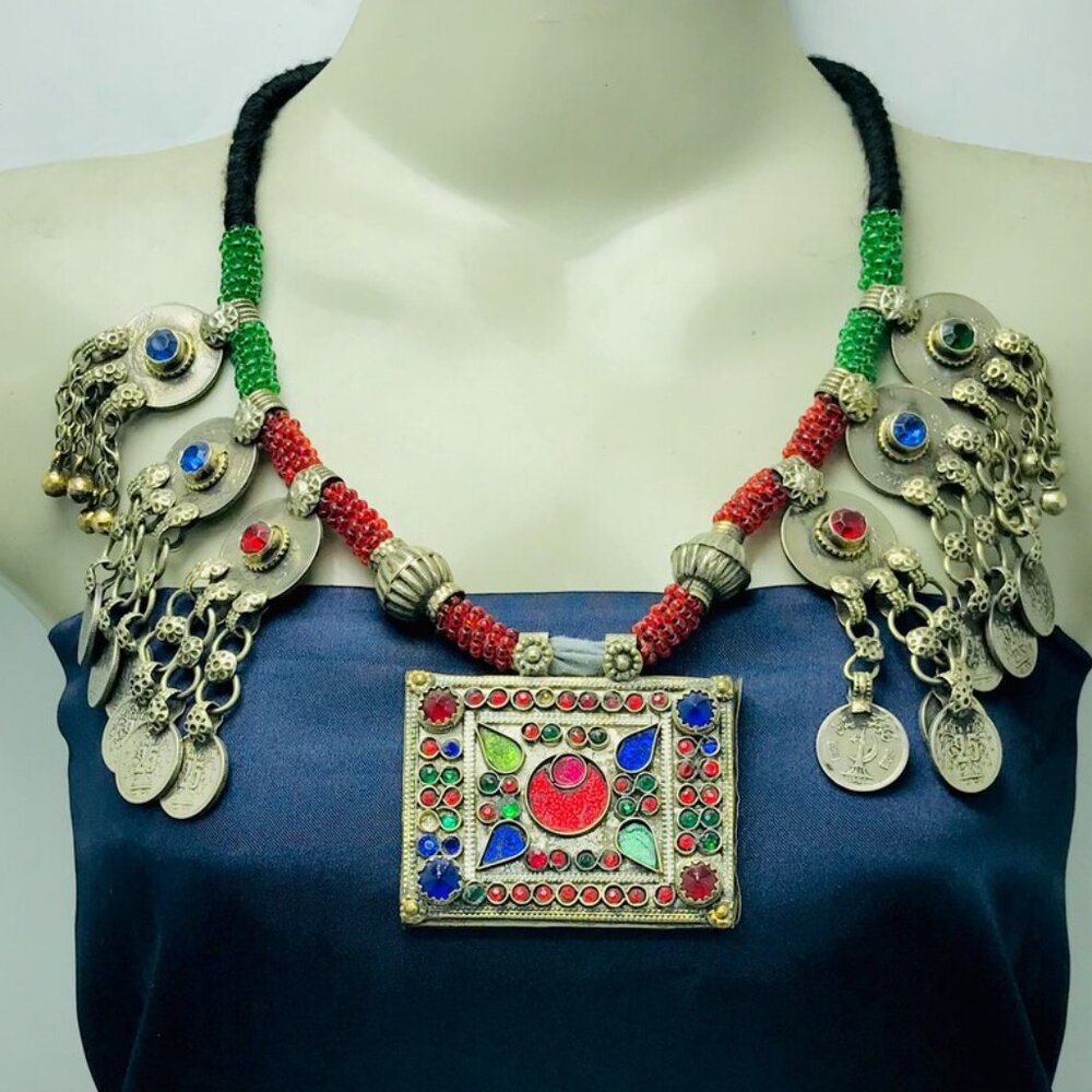 Vintage Kuchi Necklace: Beaded Tribal Jewelry with Coin Pendants